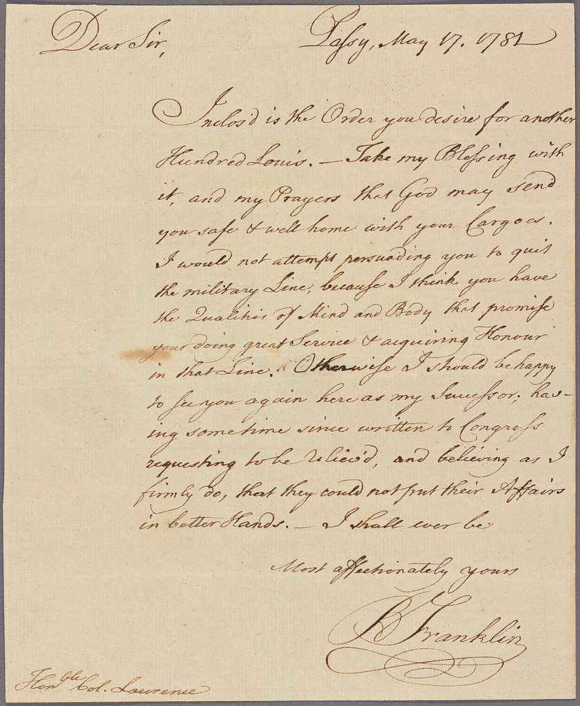 Letter to John Laurens Paris Public domain document scan