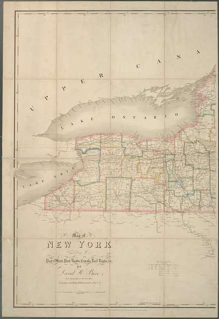 Map of New York exhibiting the post offices, post roads, canals, rail ...