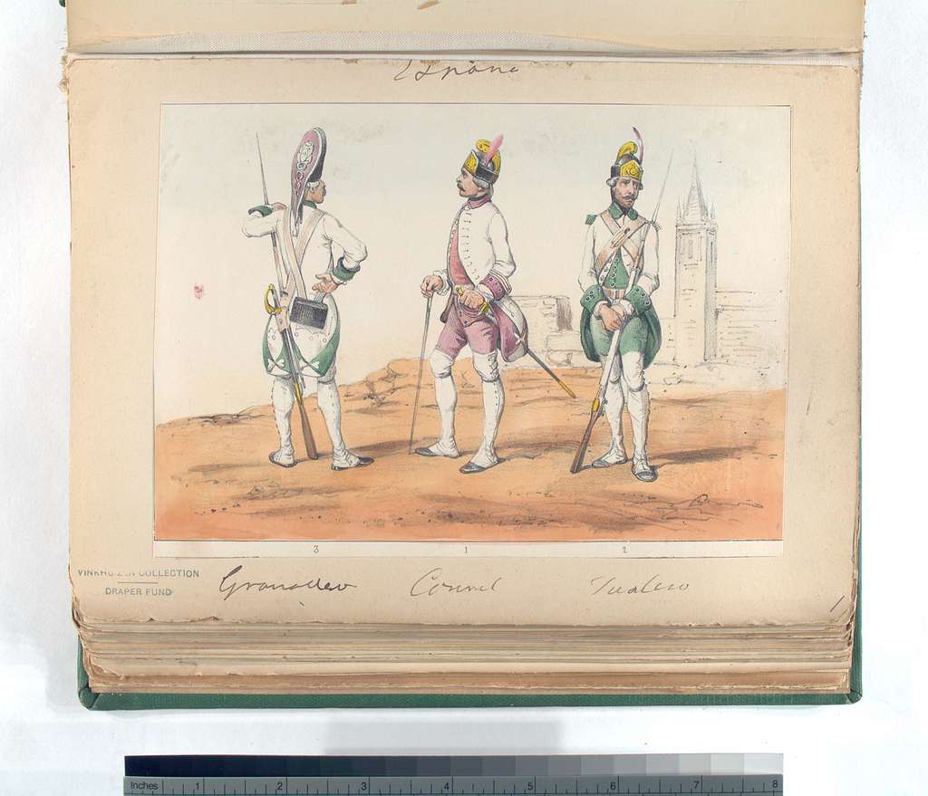 Militaru uniforms: 3. Granadero; 1. Coronel; 2. Fusilero. - PICRYL